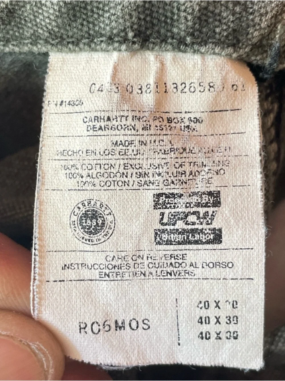 VTG Carhartt R06 MOS Canvas Bib Overalls 40x30 Double Knee Green Union Made USA - Picture 16 of 16